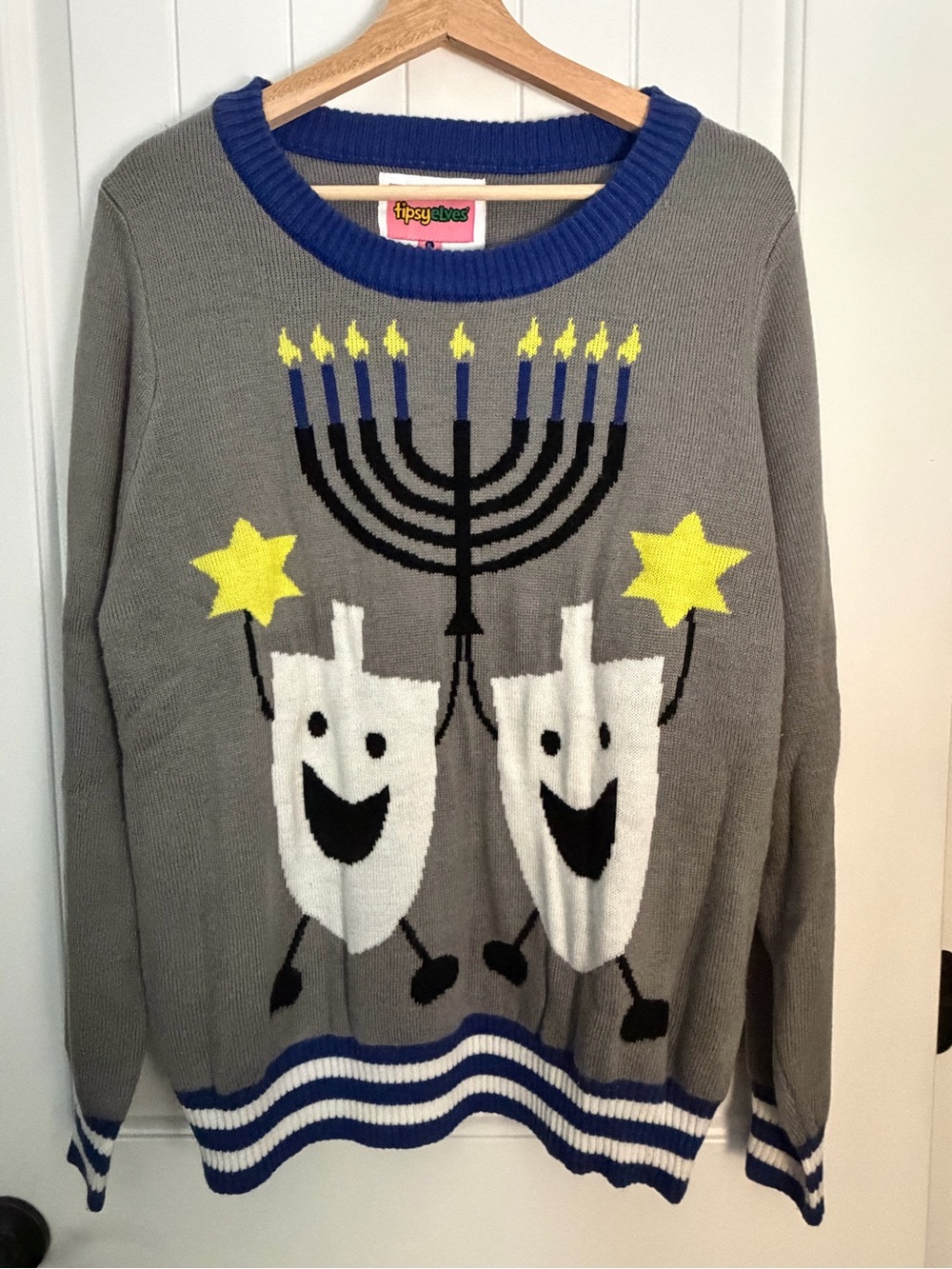 Tipsy Elves Gray Knit Sweater with Blue and White Stripes